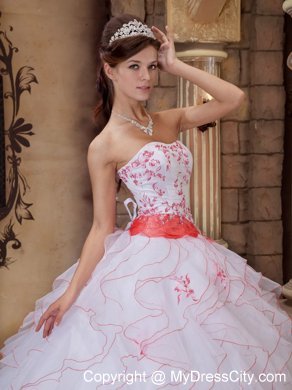 White Strapless Full-length Organza Embroidery Dress for Quince