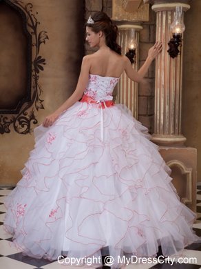 White Strapless Full-length Organza Embroidery Dress for Quince