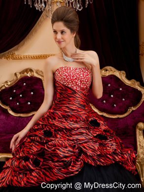 Red and Black Strapless Zebra and Tulle Quinceanera Dress