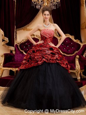 Red and Black Strapless Zebra and Tulle Quinceanera Dress