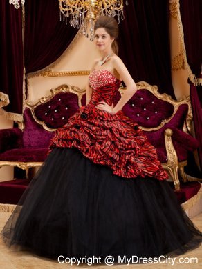 Red and Black Strapless Zebra and Tulle Quinceanera Dress