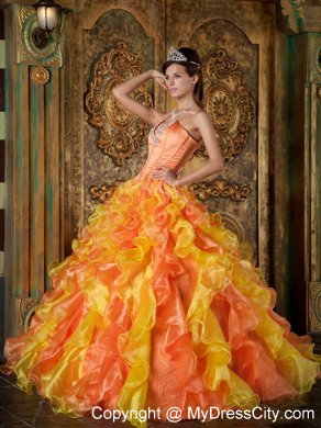 Two-toned Orange Strapless Organza Ruffled Dress for Quince