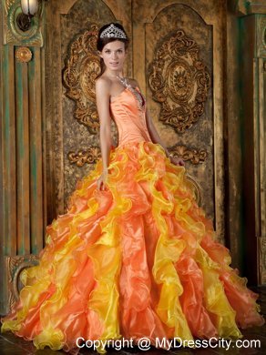 Two-toned Orange Strapless Organza Ruffled Dress for Quince