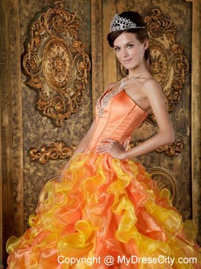 Two-toned Orange Strapless Organza Ruffled Dress for Quince