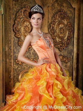 Two-toned Orange Strapless Organza Ruffled Dress for Quince