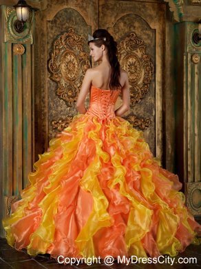 Two-toned Orange Strapless Organza Ruffled Dress for Quince