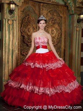 Red Strapless Organza and Zebra Ruffled Dress for Sweet 15