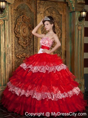 Red Strapless Organza and Zebra Ruffled Dress for Sweet 15