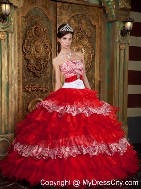 Red Strapless Organza and Zebra Ruffled Dress for Sweet 15