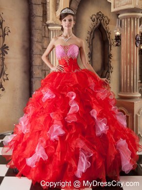 Organza Beading and Ruffles Quinceanera Dress in Red Color