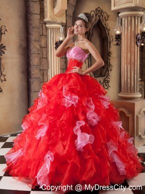 Organza Beading and Ruffles Quinceanera Dress in Red Color