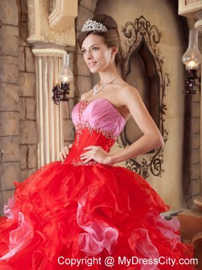 Organza Beading and Ruffles Quinceanera Dress in Red Color