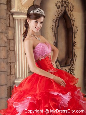 Organza Beading and Ruffles Quinceanera Dress in Red Color