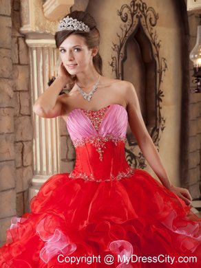 Organza Beading and Ruffles Quinceanera Dress in Red Color