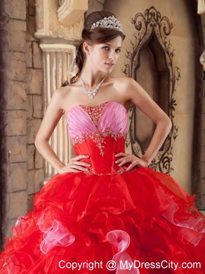 Organza Beading and Ruffles Quinceanera Dress in Red Color