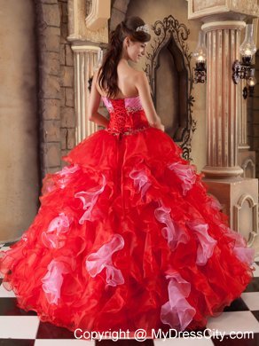 Organza Beading and Ruffles Quinceanera Dress in Red Color