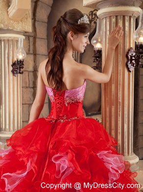 Organza Beading and Ruffles Quinceanera Dress in Red Color