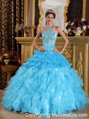 Aqua One Shoulder Satin and Organza Ruffled Quinceanera Dress