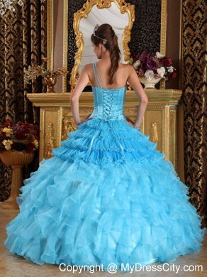 Aqua One Shoulder Satin and Organza Ruffled Quinceanera Dress