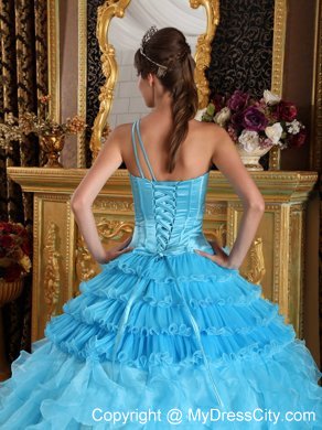 Aqua One Shoulder Satin and Organza Ruffled Quinceanera Dress