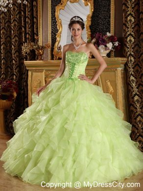 Yellow Green Satin and Organza Embroidery Quinceanera Dress