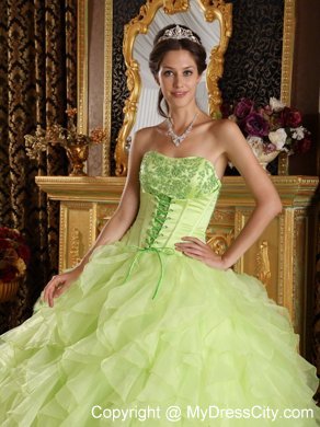 Yellow Green Satin and Organza Embroidery Quinceanera Dress