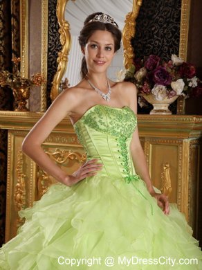 Yellow Green Satin and Organza Embroidery Quinceanera Dress