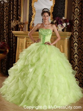 Yellow Green Satin and Organza Embroidery Quinceanera Dress