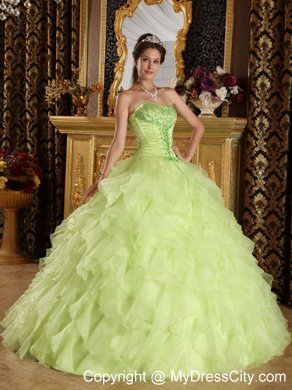 Yellow Green Satin and Organza Embroidery Quinceanera Dress