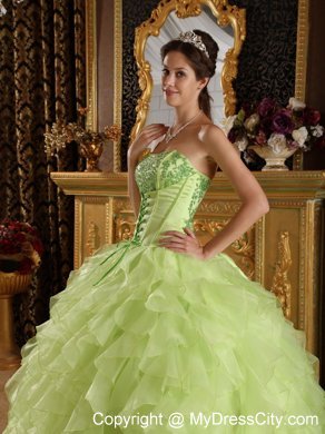 Yellow Green Satin and Organza Embroidery Quinceanera Dress