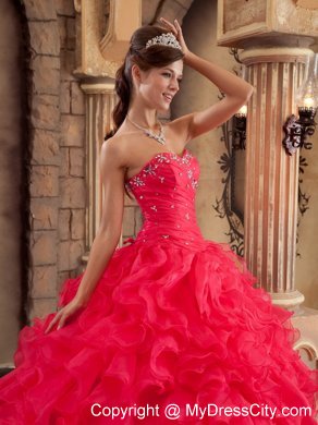 Sweetheart Organza Ruffled Red Dress for Sweet 15 Beaded