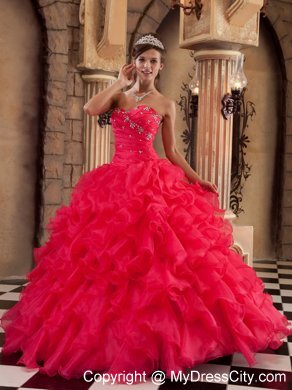 Sweetheart Organza Ruffled Red Dress for Sweet 15 Beaded