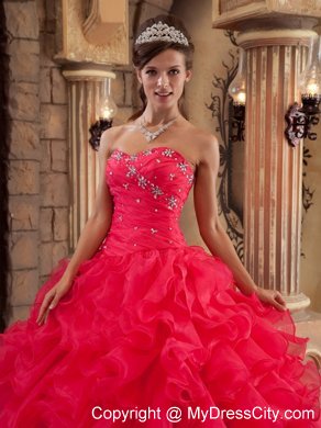 Sweetheart Organza Ruffled Red Dress for Sweet 15 Beaded