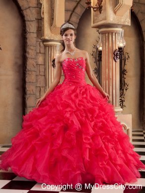 Sweetheart Organza Ruffled Red Dress for Sweet 15 Beaded