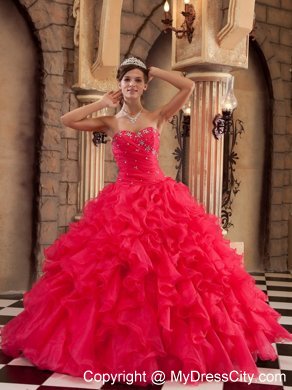 Sweetheart Organza Ruffled Red Dress for Sweet 15 Beaded