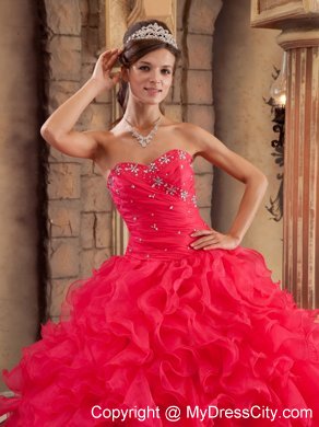 Sweetheart Organza Ruffled Red Dress for Sweet 15 Beaded