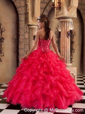 Sweetheart Organza Ruffled Red Dress for Sweet 15 Beaded