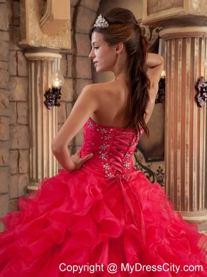 Sweetheart Organza Ruffled Red Dress for Sweet 15 Beaded