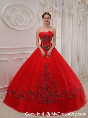 Red Floor-length Sweetheart Tulle Appliques Dress for Quince