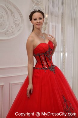 Red Floor-length Sweetheart Tulle Appliques Dress for Quince