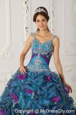 Teal Chapel Train Organza Quinceanera Dress with Straps