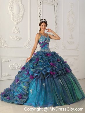 Teal Chapel Train Organza Quinceanera Dress with Straps