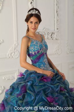 Teal Chapel Train Organza Quinceanera Dress with Straps