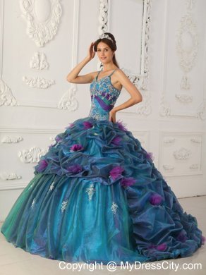 Teal Chapel Train Organza Quinceanera Dress with Straps