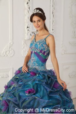 Teal Chapel Train Organza Quinceanera Dress with Straps