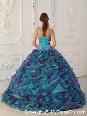 Teal Chapel Train Organza Quinceanera Dress with Straps