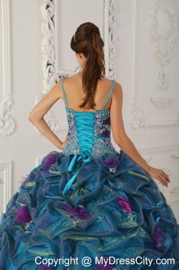 Teal Chapel Train Organza Quinceanera Dress with Straps