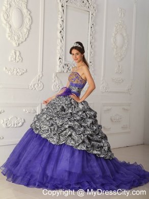 Strapless Zebra Organza Pick-up Purple Quinceanera Dress with Train