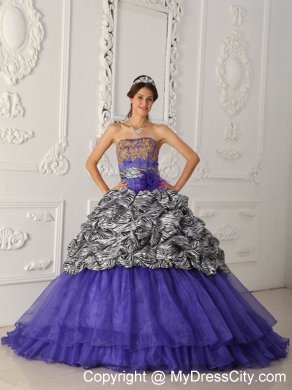 Strapless Zebra Organza Pick-up Purple Quinceanera Dress with Train