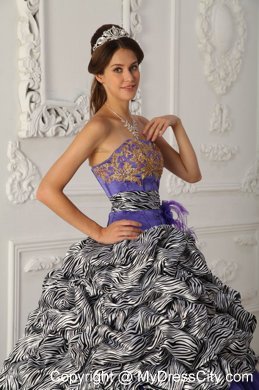 Strapless Zebra Organza Pick-up Purple Quinceanera Dress with Train